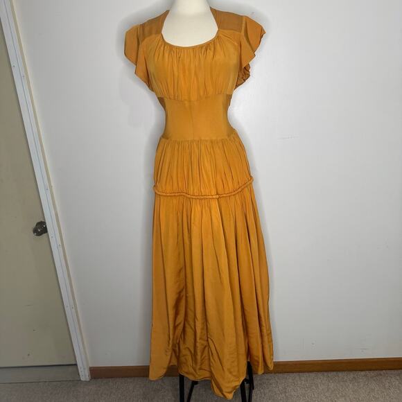 VINTAGE | 1930s 1940s Mustard Cold Rayon Ball Ruched Gown - Picture 10 of 11